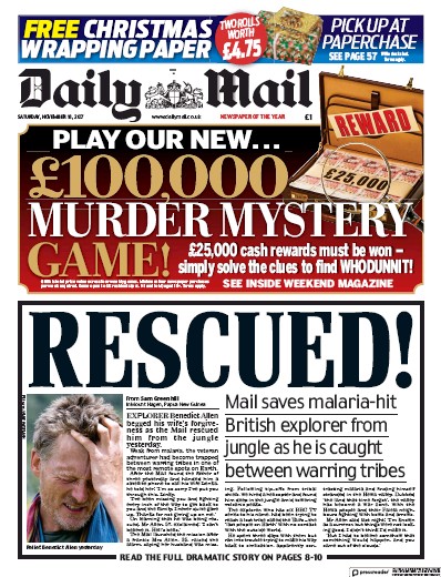 Daily Mail Newspaper Front Page (UK) for 18 November 2017