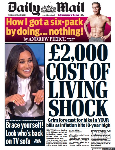 Daily Mail Newspaper Front Page (UK) for 18 November 2021