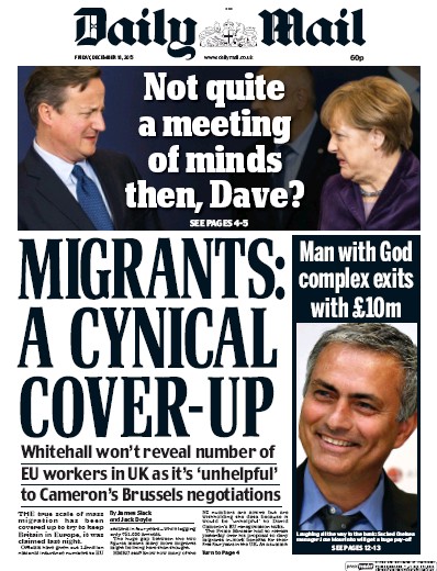 Daily Mail Newspaper Front Page (UK) for 18 December 2015