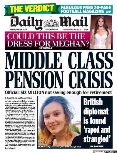 Daily Mail Newspaper Front Page (UK) for 18 December 2017