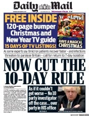Daily Mail (UK) Newspaper Front Page for 18 December 2021