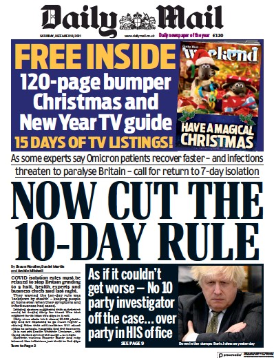 Daily Mail Newspaper Front Page (UK) for 18 December 2021