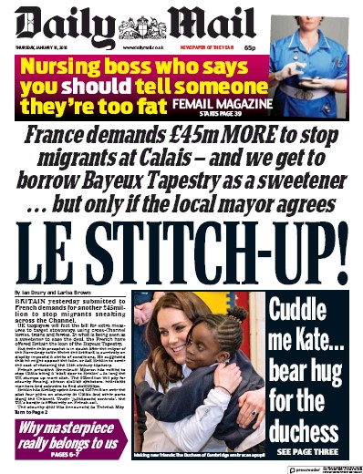 Daily Mail Newspaper Front Page (UK) for 18 January 2018