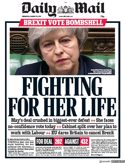 Daily Mail Newspaper Front Page (UK) for 18 January 2019