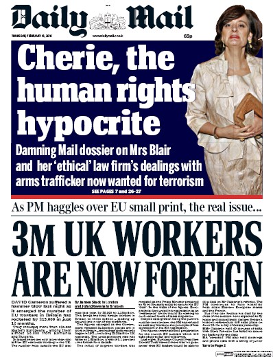 Daily Mail Newspaper Front Page (UK) for 18 February 2016