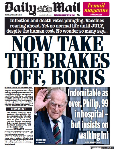 Daily Mail Newspaper Front Page (UK) for 18 February 2021