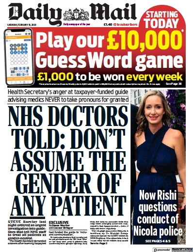 Daily Mail Newspaper Front Page (UK) for 18 February 2023