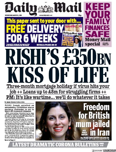 Daily Mail Newspaper Front Page (UK) for 18 March 2020