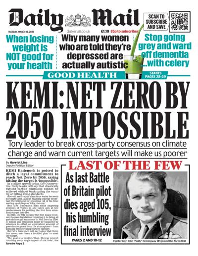 Daily Mail Newspaper Front Page (UK) for 18 March 2025