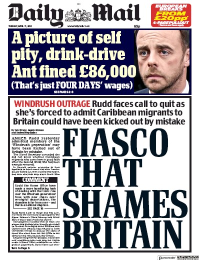 Daily Mail Newspaper Front Page (UK) for 18 April 2018