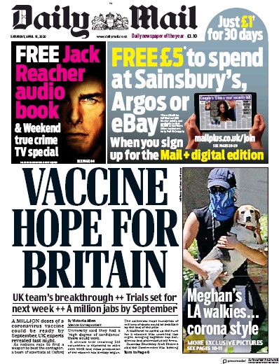 Daily Mail Newspaper Front Page (UK) for 18 April 2020