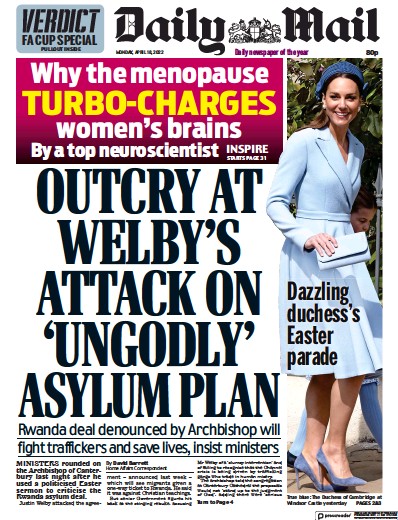 Daily Mail Newspaper Front Page (UK) for 18 April 2022