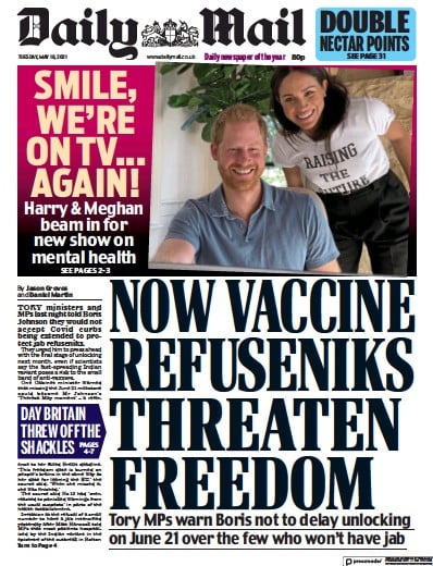 Daily Mail Newspaper Front Page (UK) for 18 May 2021