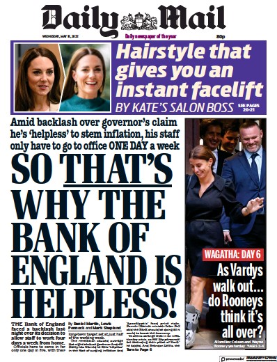 Daily Mail Newspaper Front Page (UK) for 18 May 2022