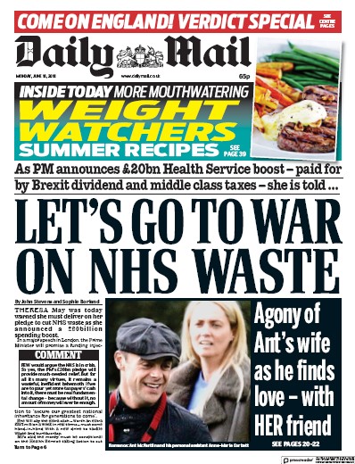 Daily Mail Newspaper Front Page (UK) for 18 June 2018