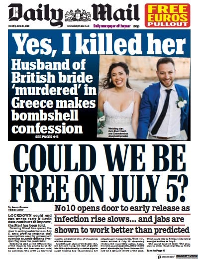 Daily Mail Newspaper Front Page (UK) for 18 June 2021