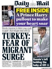 Daily Mail (UK) Newspaper Front Page for 18 July 2016