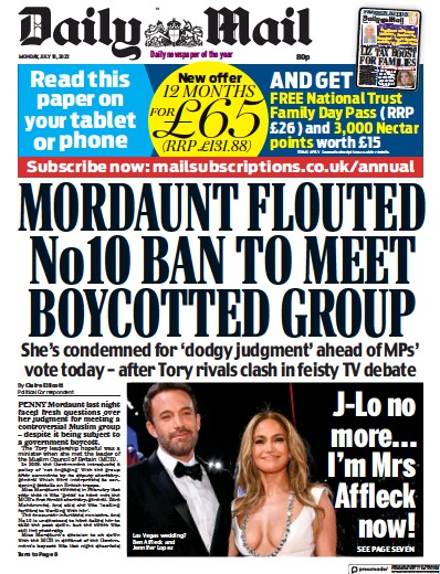 Daily Mail Newspaper Front Page (UK) for 18 July 2022