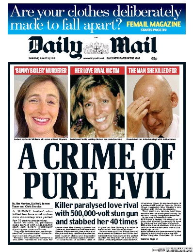 Daily Mail Newspaper Front Page (UK) for 18 August 2016