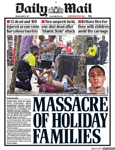 Daily Mail Newspaper Front Page (UK) for 18 August 2017