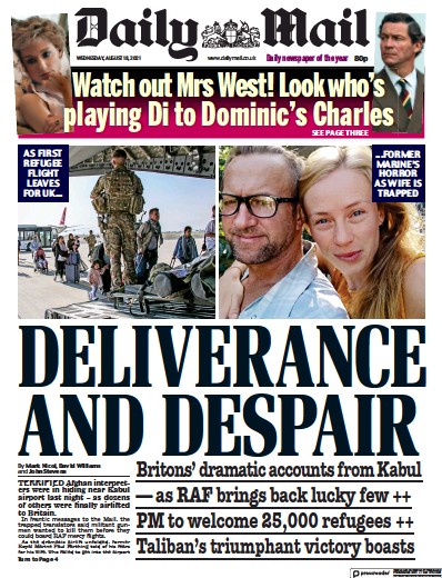 Daily Mail Newspaper Front Page (UK) for 18 August 2021