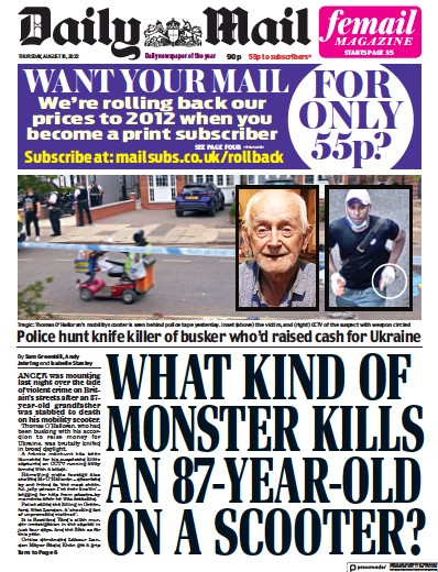 Daily Mail Newspaper Front Page (UK) for 18 August 2022