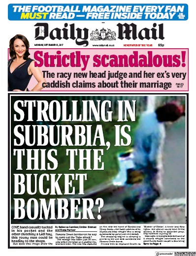 Daily Mail Newspaper Front Page (UK) for 18 September 2017