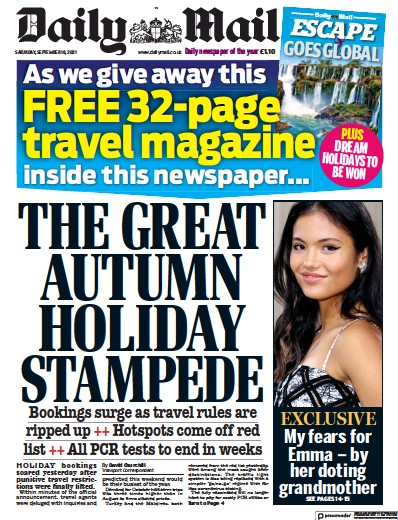 Daily Mail Newspaper Front Page (UK) for 18 September 2021