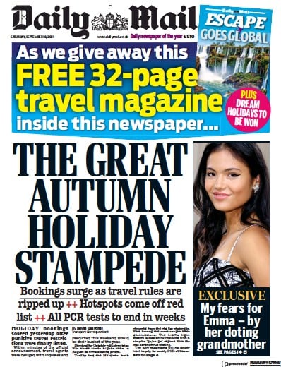 Daily Mail Newspaper Front Page (UK) for 18 September 2021