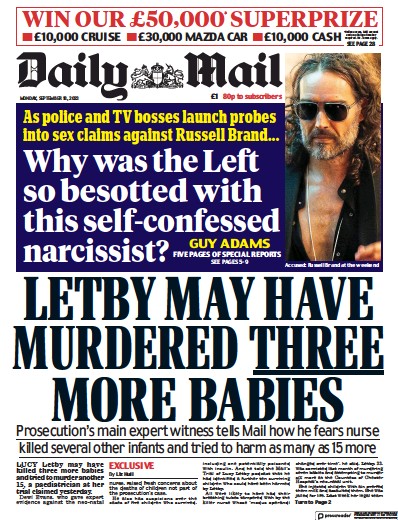 Daily Mail Newspaper Front Page (UK) for 18 September 2023