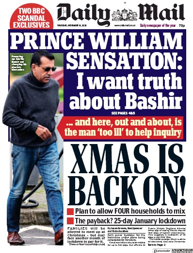 Daily Mail Newspaper Front Page (UK) for 19 November 2020