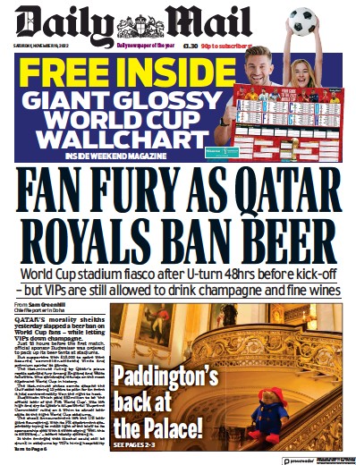 Daily Mail Newspaper Front Page (UK) for 19 November 2022