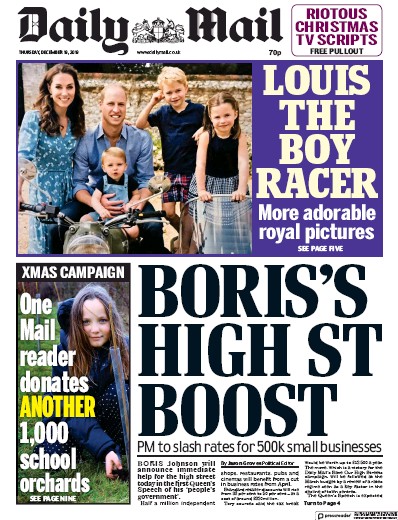 Daily Mail Newspaper Front Page (UK) for 19 December 2019