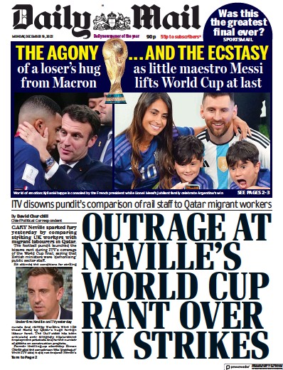 Daily Mail Newspaper Front Page (UK) for 19 December 2022