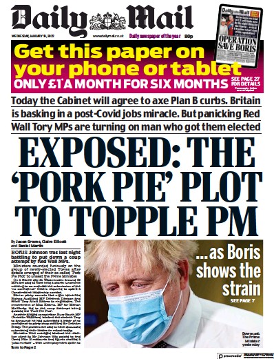 Daily Mail Newspaper Front Page (UK) for 19 January 2022