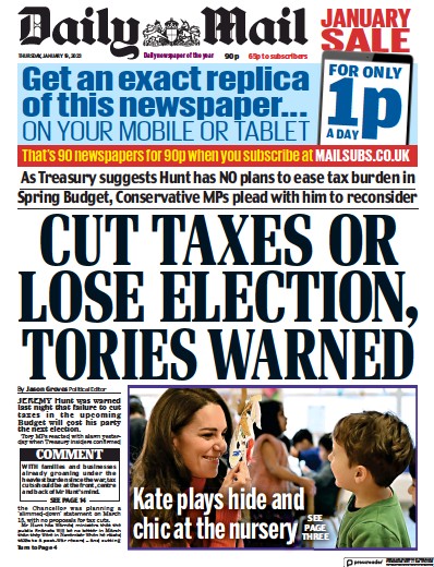 Daily Mail Newspaper Front Page (UK) for 19 January 2023