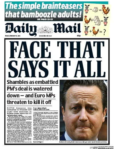 Daily Mail Newspaper Front Page (UK) for 19 February 2016