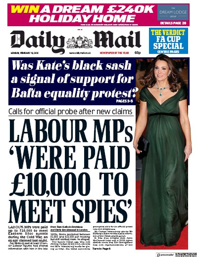 Daily Mail Newspaper Front Page (UK) for 19 February 2018