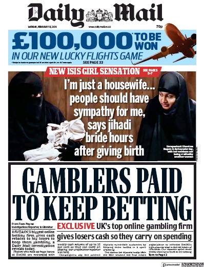 Daily Mail Newspaper Front Page (UK) for 19 February 2019