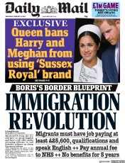 Daily Mail (UK) Newspaper Front Page for 19 February 2020