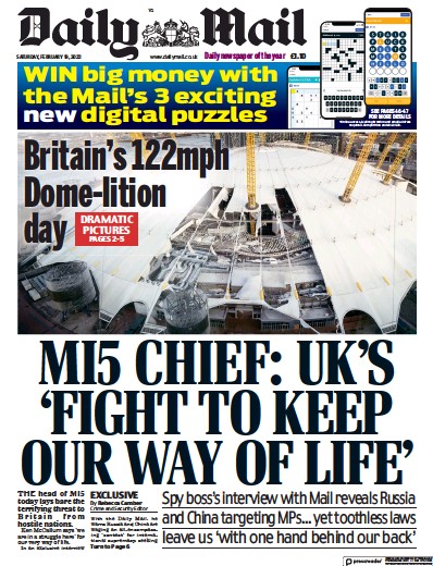 Daily Mail Newspaper Front Page (UK) for 19 February 2022