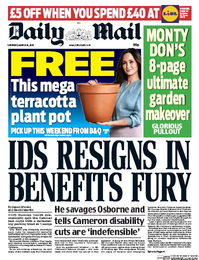 Daily Mail Newspaper Front Page (UK) for 19 March 2016