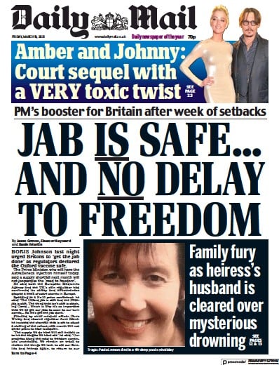 Daily Mail Newspaper Front Page (UK) for 19 March 2021