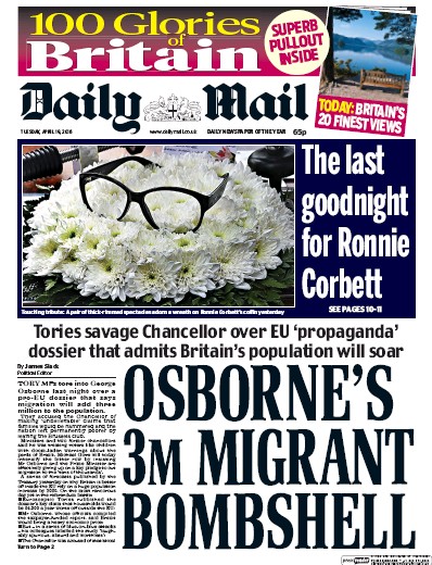 Daily Mail Newspaper Front Page (UK) for 19 April 2016