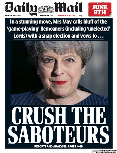 Daily Mail Newspaper Front Page (UK) for 19 April 2017