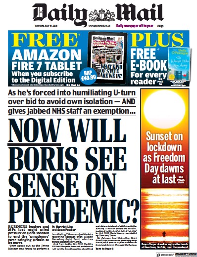 Daily Mail Newspaper Front Page (UK) for 19 July 2021