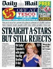 Daily Mail Newspaper Front Page (UK) for 19 August 2011