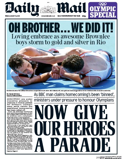Daily Mail Newspaper Front Page (UK) for 19 August 2016