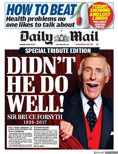 Daily Mail Newspaper Front Page (UK) for 19 August 2017