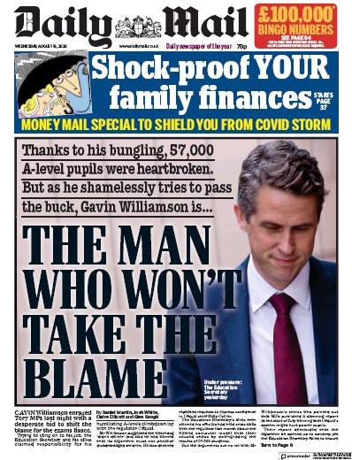 Daily Mail Newspaper Front Page (UK) for 19 August 2020